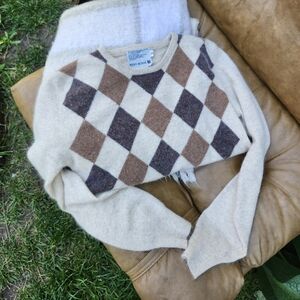 90s Vintage Rino Rossi Men's Argyle Crewneck Sweater Cream Brown ANGORA Wool